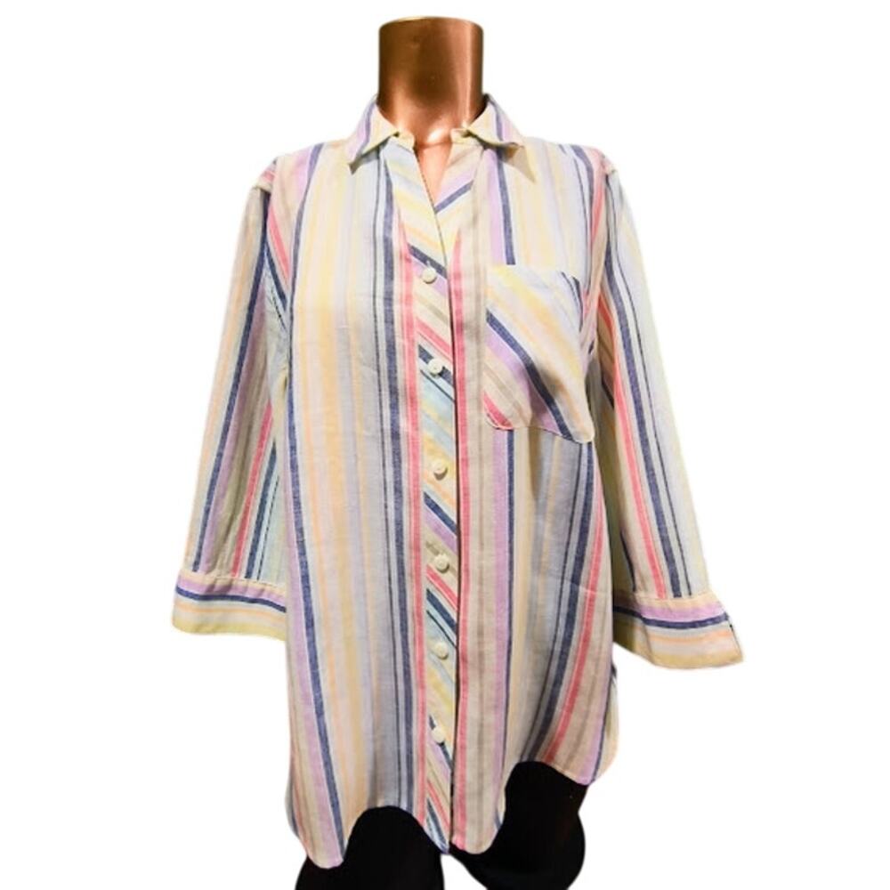 Chico's No Iron Striped Linen Shirt White Multi Size 1‎ NWT